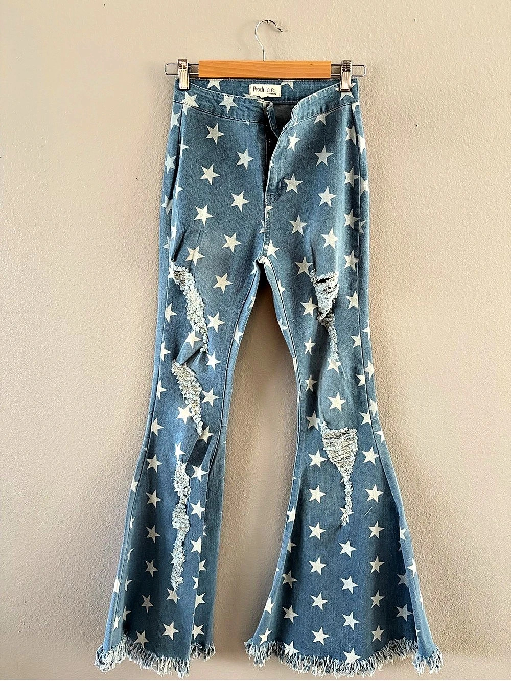 Peach Love California Star Print Distressed Raw Hem Flare Jeans Flare